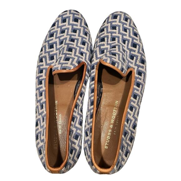 Stubbs & Wootton Blue Needlepoint Slippers embroidered flats loafer Womens 11 - Picture 5 of 10